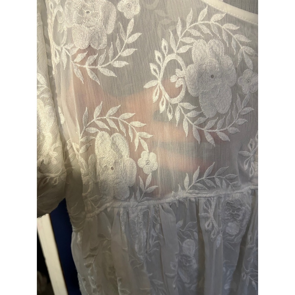 Eri + Ali Anthropologie Sheer White Embroidered Babydoll Dress Petite Medium MP - Picture 4 of 7